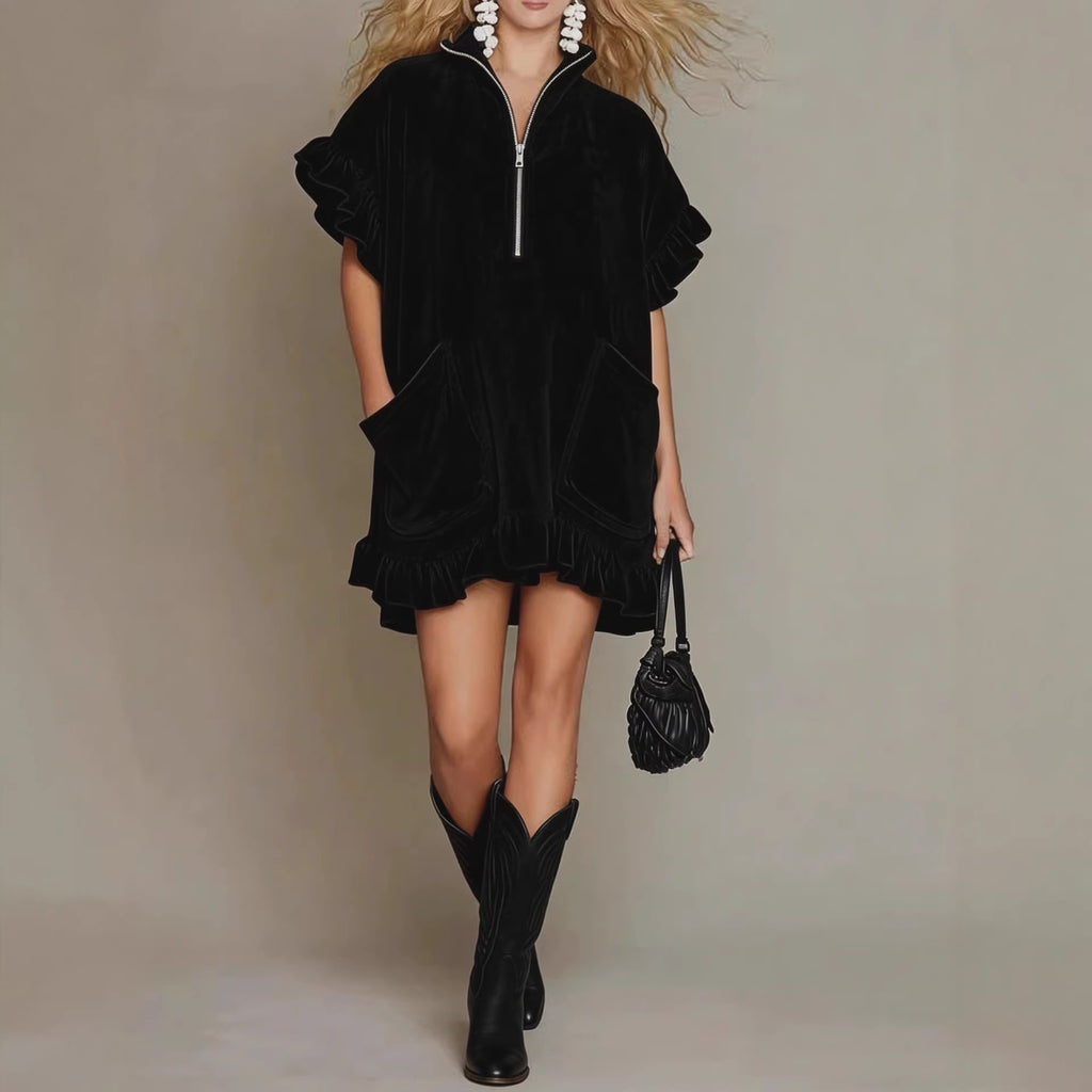 Short-sleeve Double-pocket Dress With Zipper And Ruffled Hem, A-line Womens Outfit