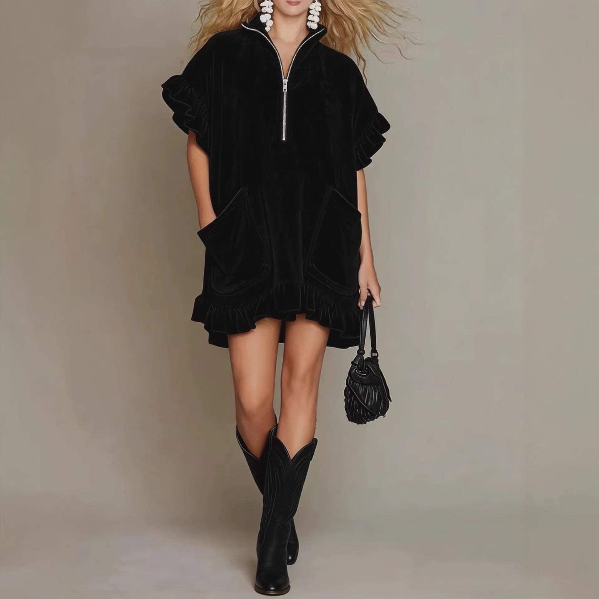 Short-sleeve Double-pocket Dress With Zipper And Ruffled Hem, A-line Womens Outfit