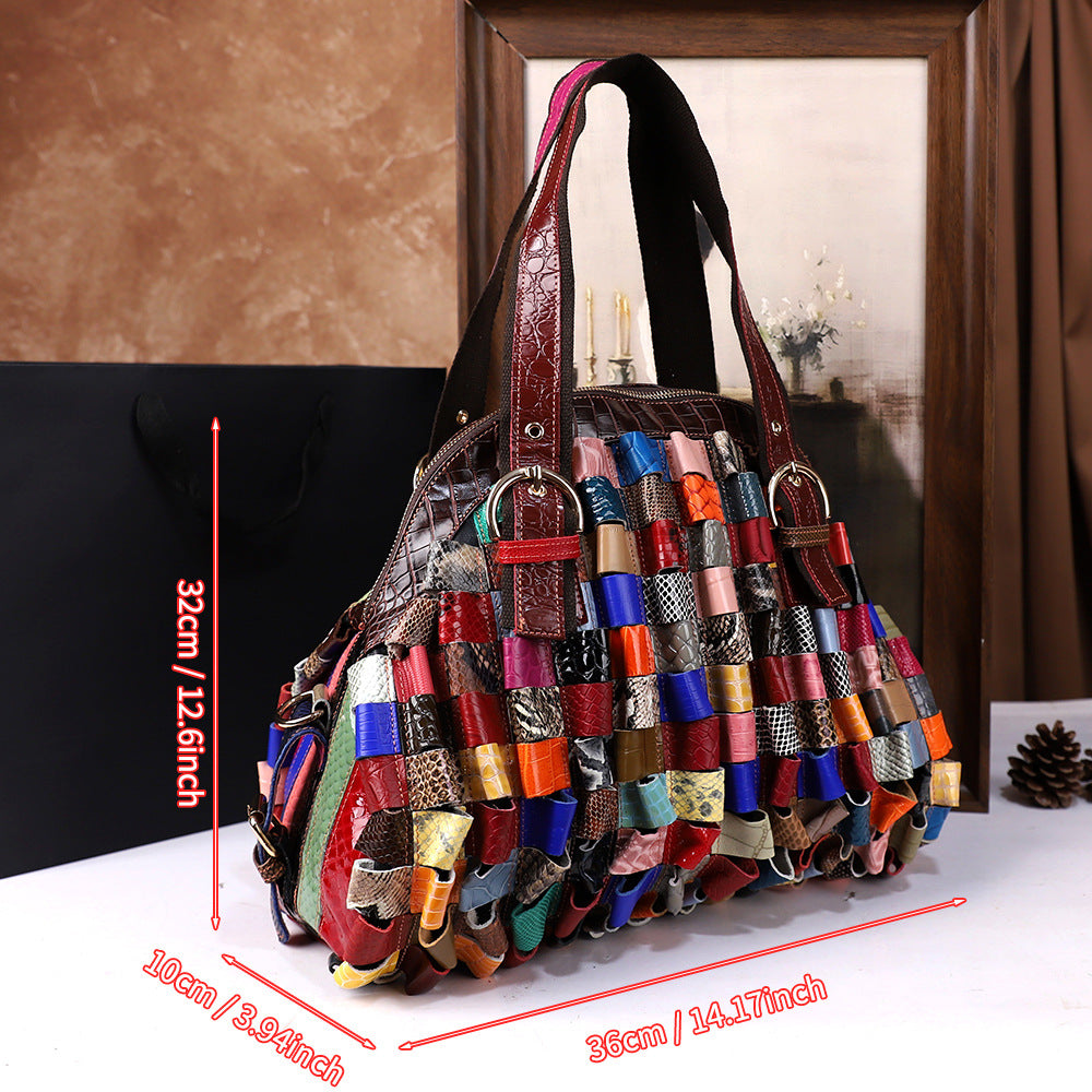 Bolso tote de hombro tejido de piel de vaca de gran capacidad para mujer