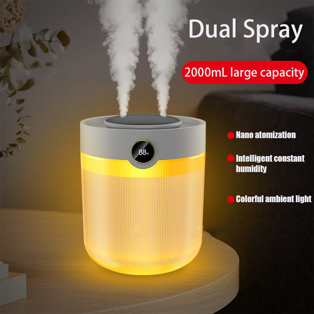 Humidificador de escritorio silencioso con doble pulverización y pantalla digital de humedad de gran capacidad de 2 l, USB, medidor de recarga de agua y cantidad de niebla.