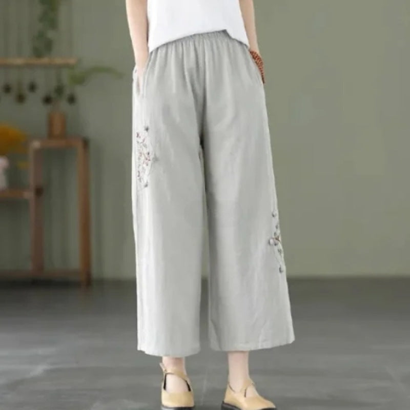 Cotton-linen Solid-color Elastic-waist Loose-fitting Multi-color Straight-leg Wide-leg Pants