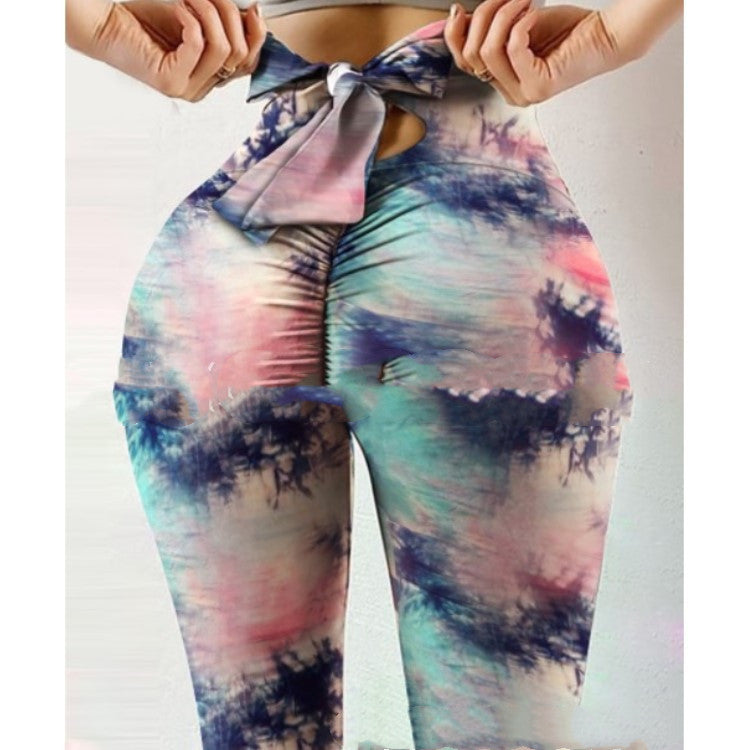Printed Bow Belt Yoga Pants Women