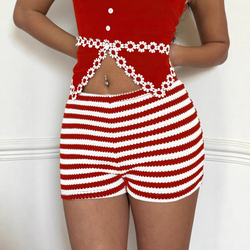 Pantalones cortos de mujer de cintura baja, elásticos y con rayas de moda