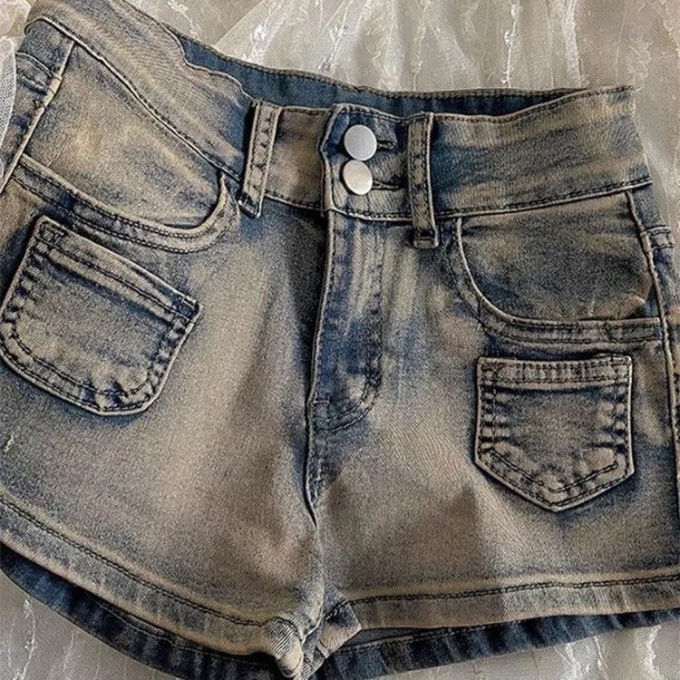 Shorts vaqueros de cintura alta estilo retro americano para mujer
