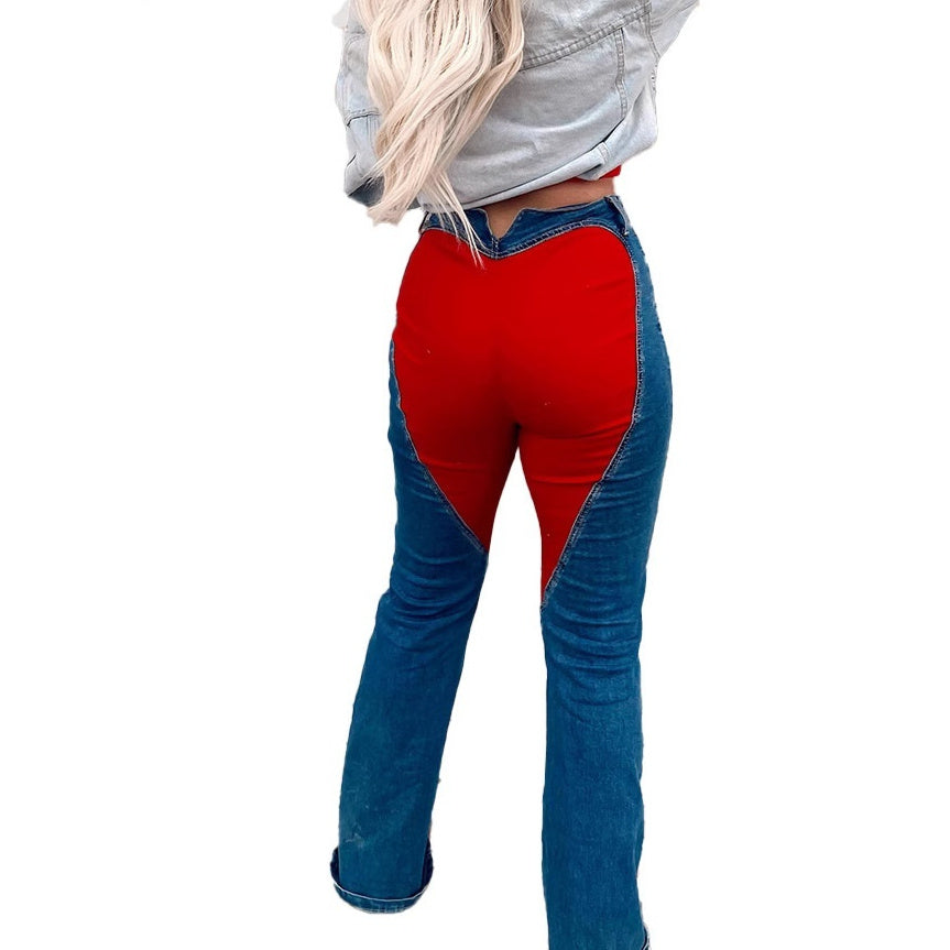 Women's Casual Denim Jeans With Color-Block Design