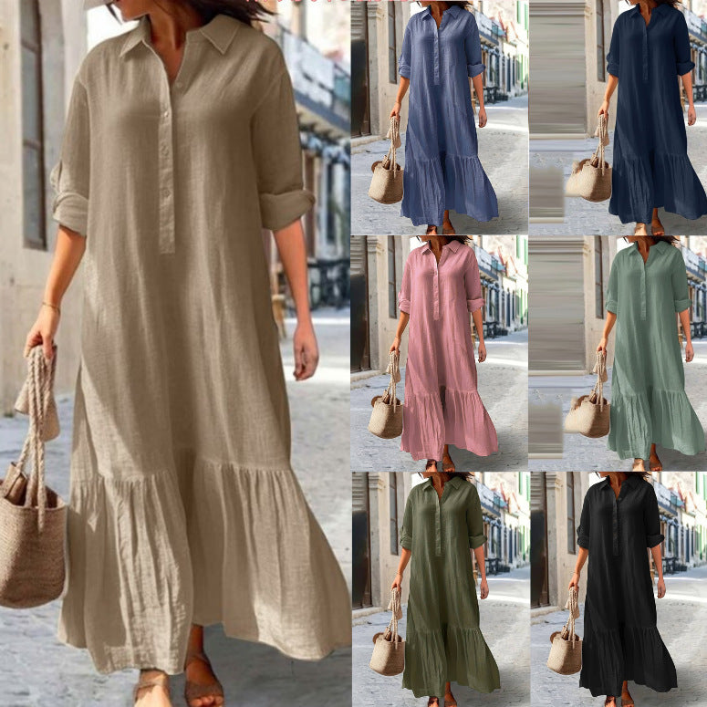 Vestido largo asimétrico de lino y algodón con cuello camisero y botones retorcidos