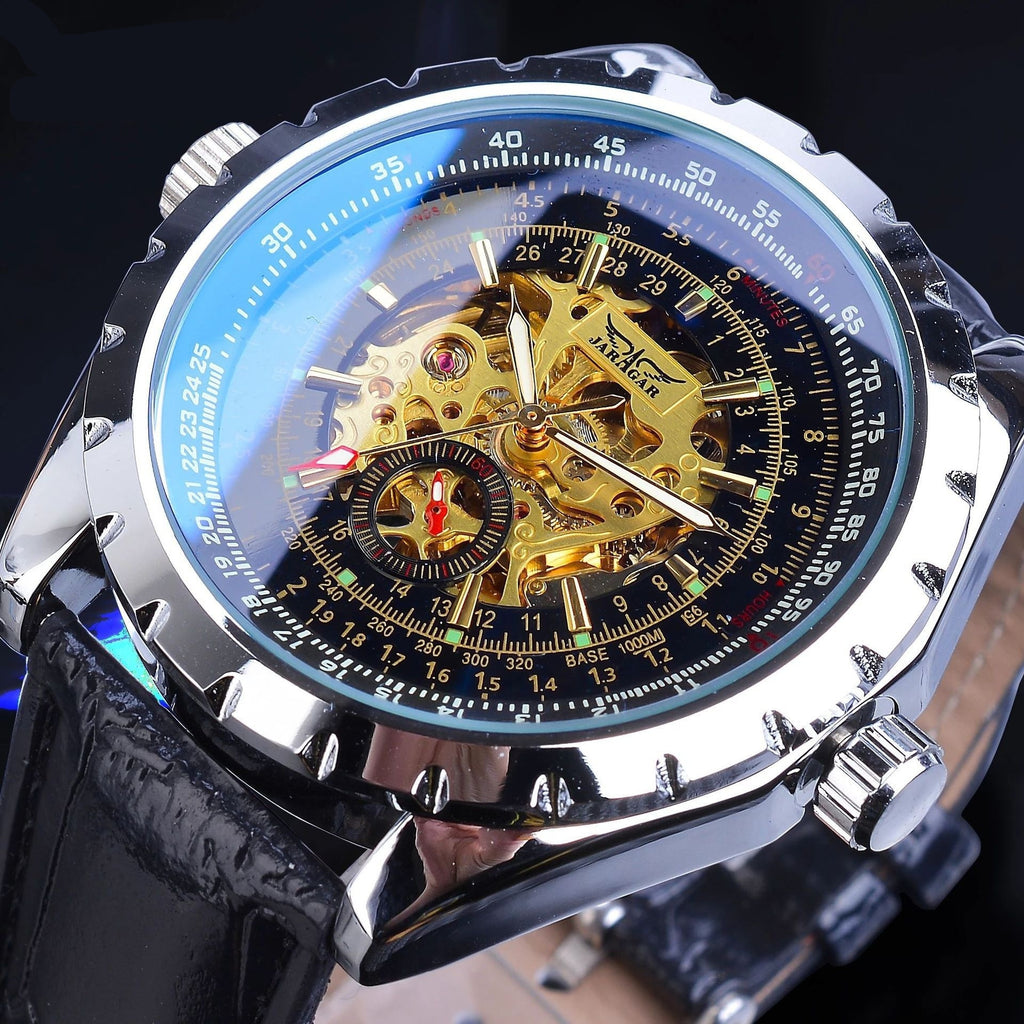 Reloj mecánico automático de esfera grande ahuecado con cristal azul para negocios y estilo informal.