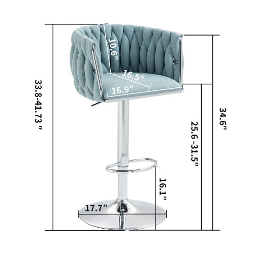 360 Fabric Cover Swivel Bar Stools Set Of 2, Adjustable Counter Height Bar Chairs With Woven Back & Footrest, Silver Chromed Bar Stools For Kitchen Island, Cafe, Pub