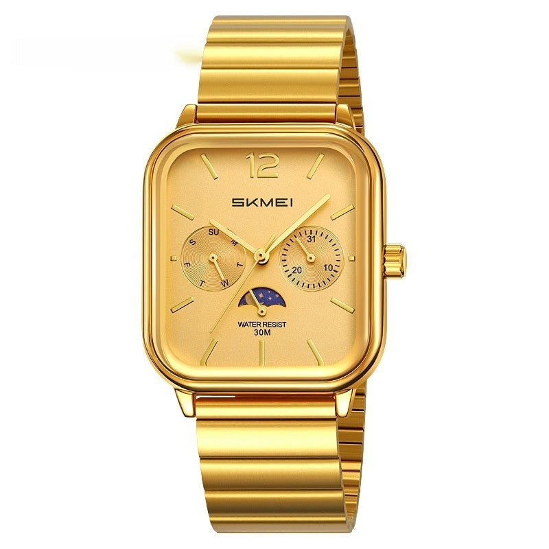 Elegante reloj cuadrado multifuncional con indicador de fase lunar de seis manecillas, diseñado para negocios y resistente al agua.