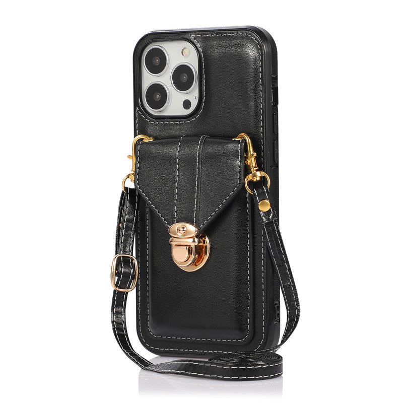 Funda para teléfono móvil con cordón diagonal de cuero con diseño creativo de tarjeta