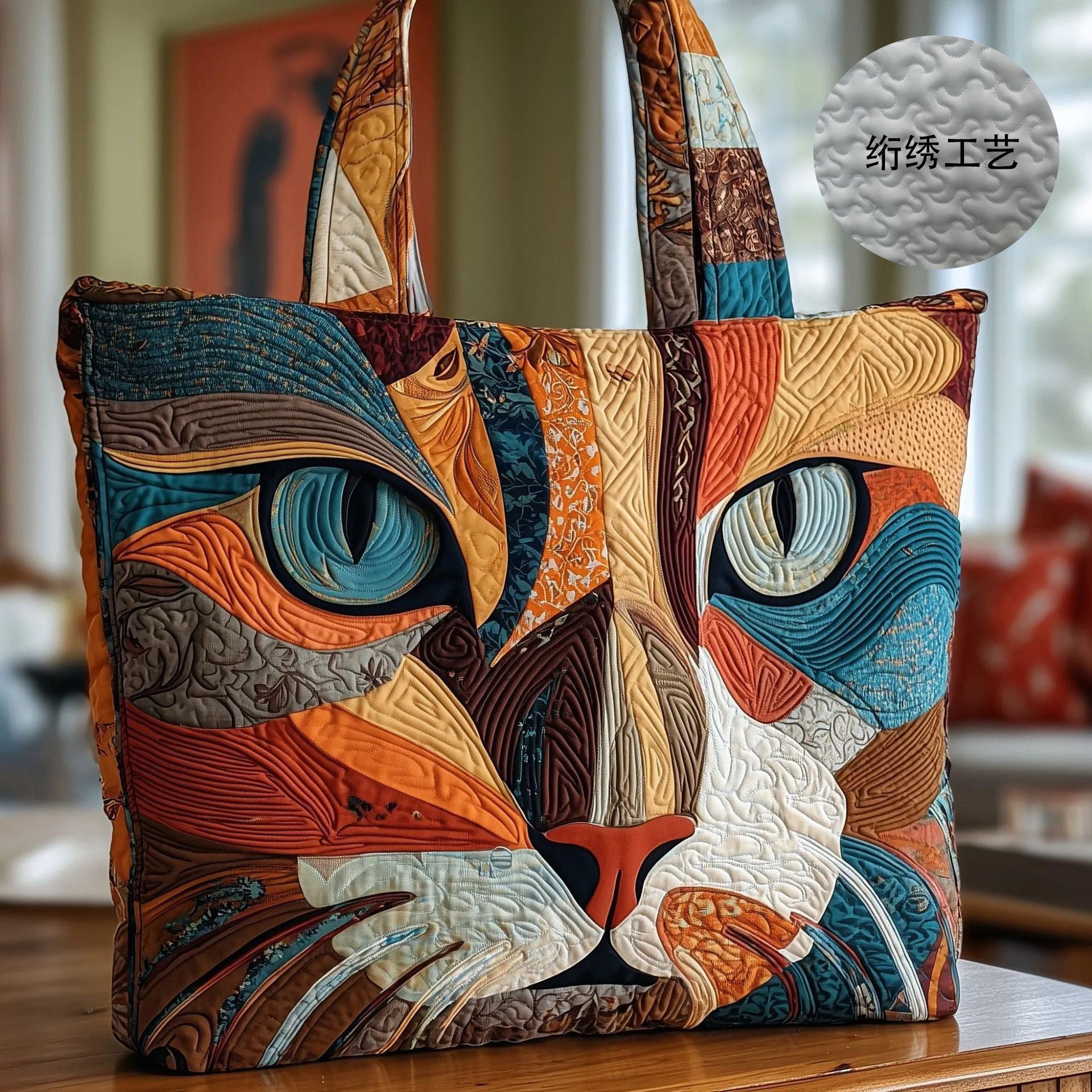 Bolso tote creativo de gran capacidad con impresión digital y bordado acolchado.