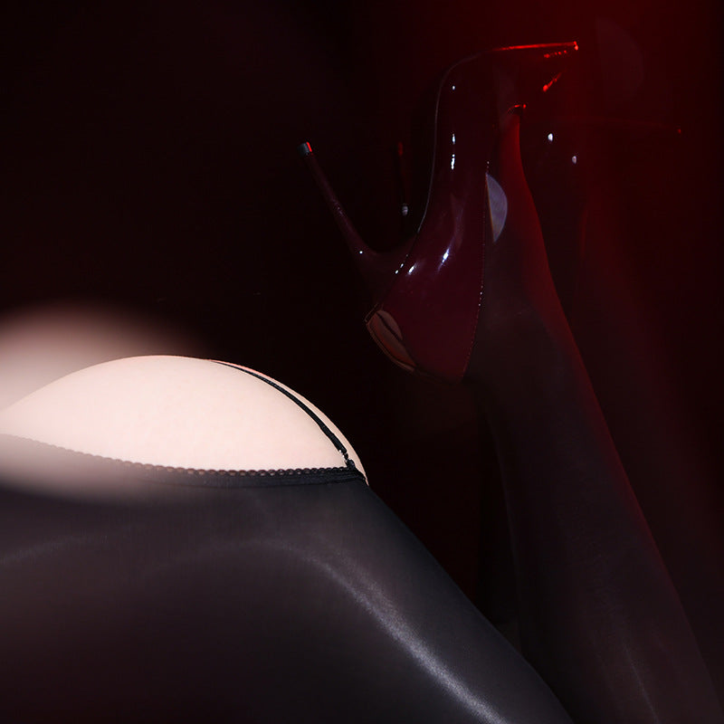Medias transparentes ultrafinas, sexys, brillantes, sedosas, sin costuras, con entrepierna abierta y brillo al aceite, de talla grande