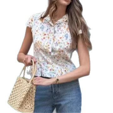 Camisa de mujer con cuello en V, encaje y patchwork con estampado floral