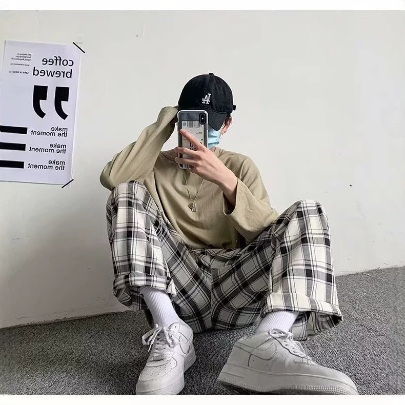 Men's Casual All-Match Loose Plaid Wide-Leg Trousers