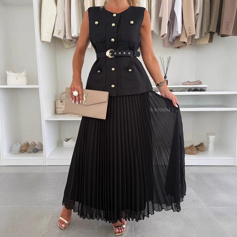 Conjunto de dos piezas con chaleco sin mangas estilo Chanel y falda plisada de malla