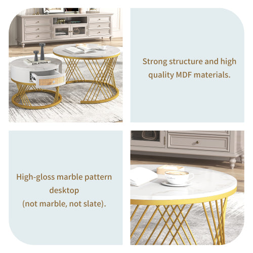 2 In 1 Round Coffee Table Made Of MDF With Marble Grain Veneer Top, Rattan Drawers And Solid Wood Handles. Gold Coloured Iron Legs. 70x70x45.5  50x50x38.5cm