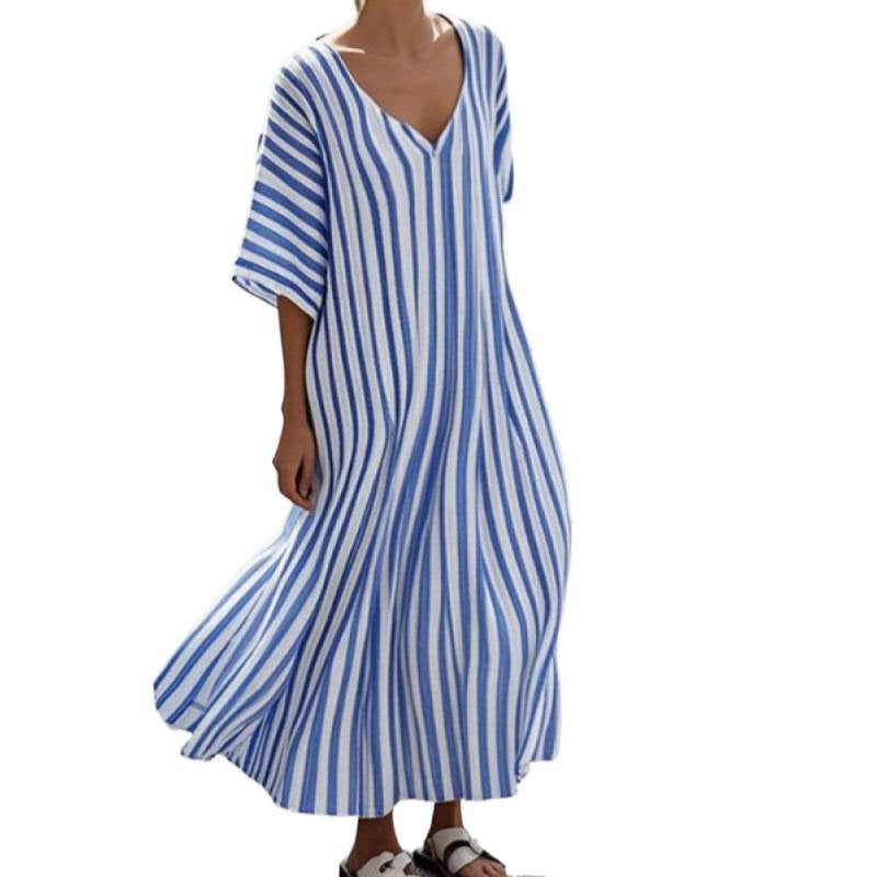 Vestido holgado de manga corta con cuello a rayas para mujer, de moda, talla grande