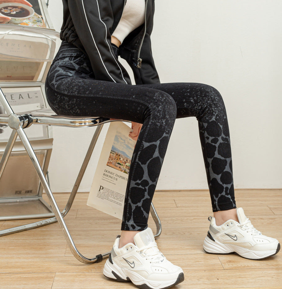 Leggings elásticos de efecto vaquero con estampado de leopardo