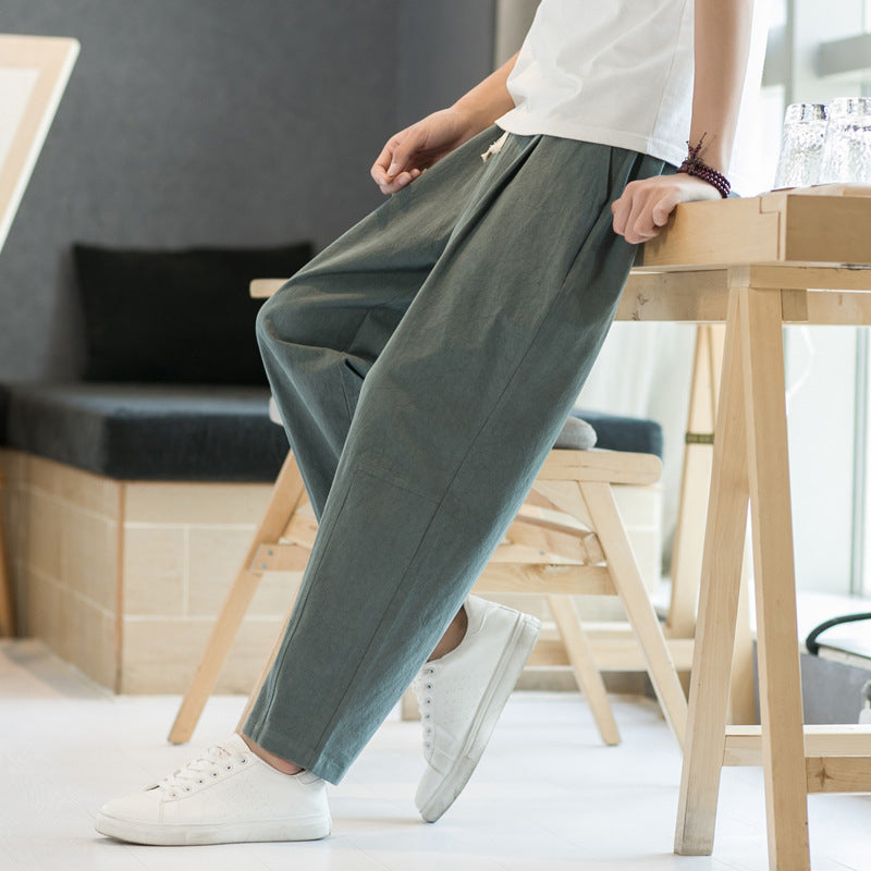 Pantalones casuales de corte recto y holgados de algodón y lino para hombre